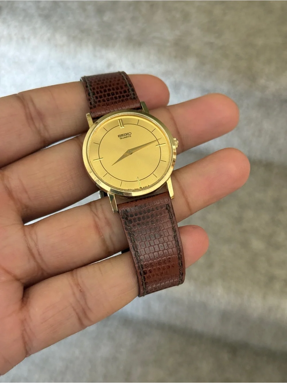 Seiko vintage men’s Gold Dial Watch with Brown Leather Strap